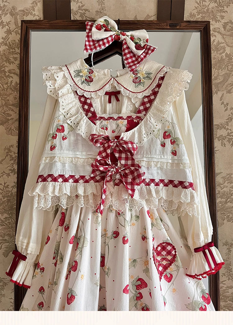 Baozi Pig - Strawberry Orchard - Vest Top with strawberry motifs and red gingham bows