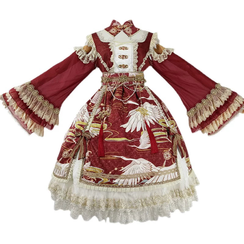 Leopard cat print OP dress in Qi style from Lolita Fetch, featuring elegant crane design and intricate detailing.