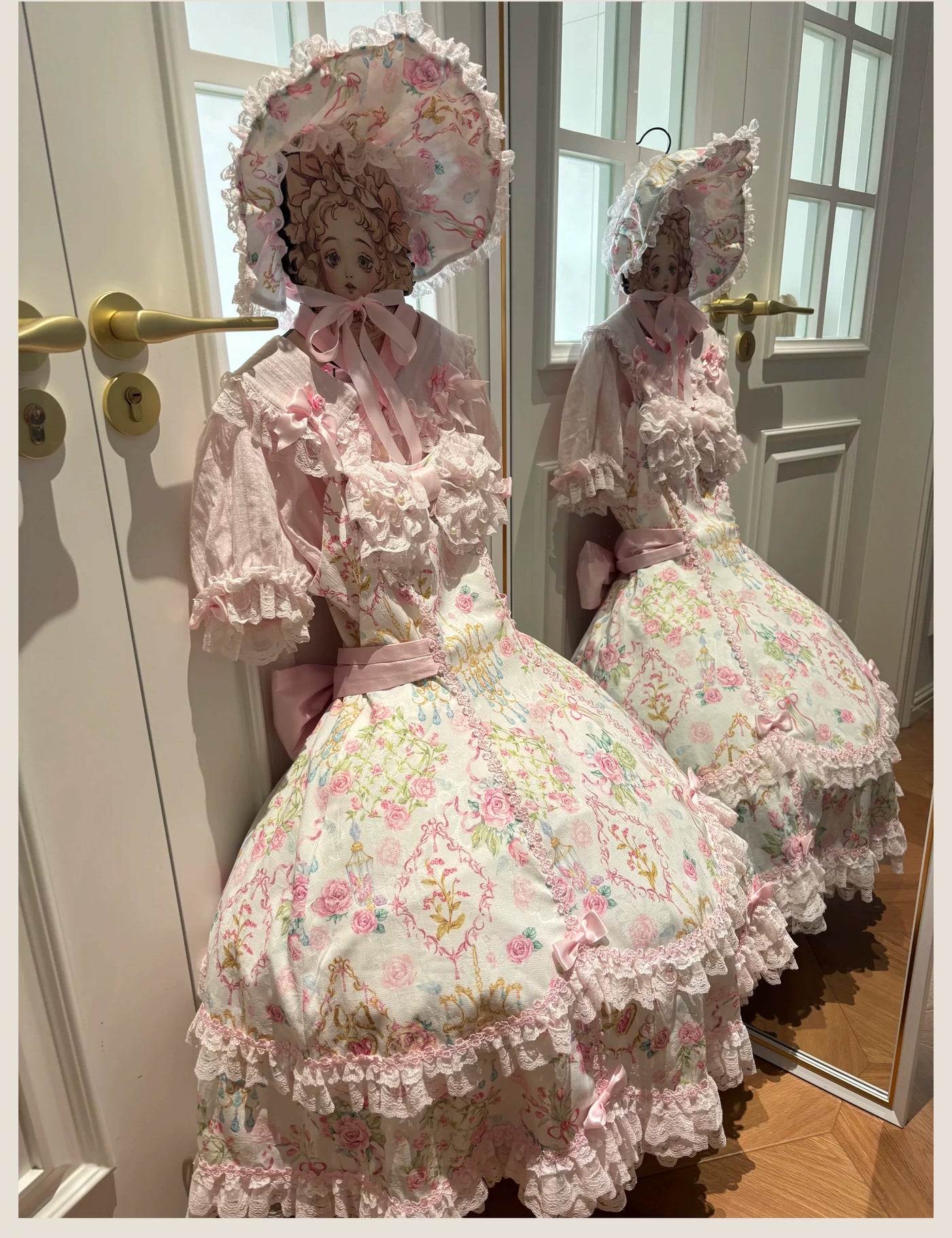 Tata Long Ear - Spring 2025 Floral Wall - Floral Print JSK Dress with Layered Lace Ruffles
