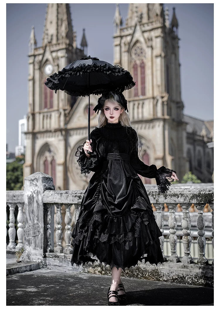 With PUJI - Dawn Bell & Dusk Song - Gothic Lolita Velvet OP Dress, Back Zipper