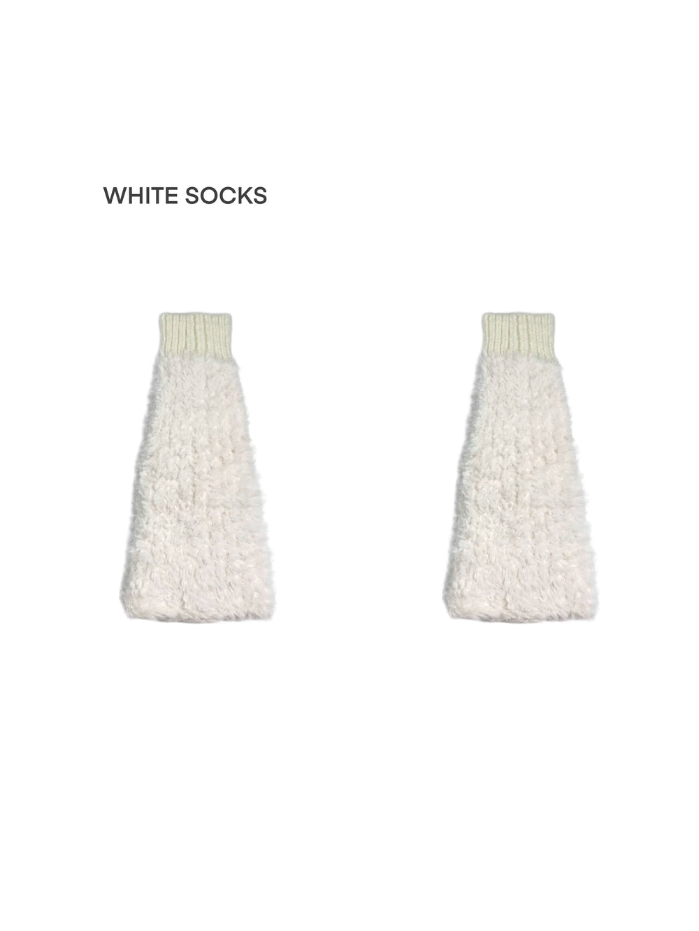 Gray plush knit sock covers with ribbed cuffs and scrunched sections, styled over pointed shoes.