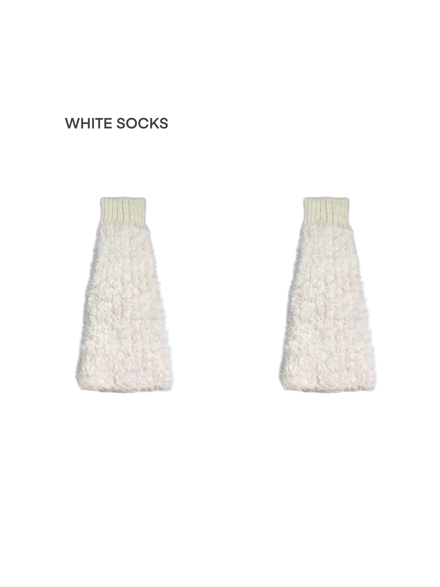 Gray plush knit sock covers with ribbed cuffs and scrunched sections, styled over pointed shoes.