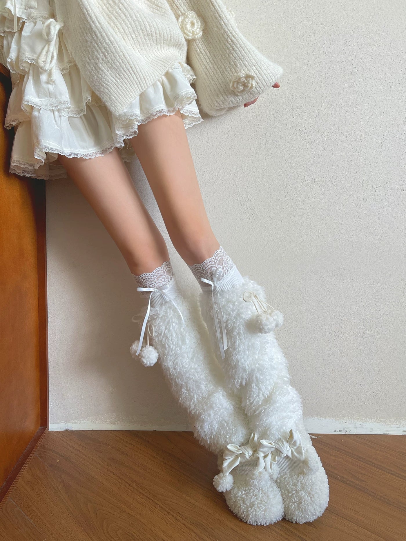 Sock Noble - Winter Pom-Pom Plush - White Socks and Sock Covers with Plush Pom-Pom Accents