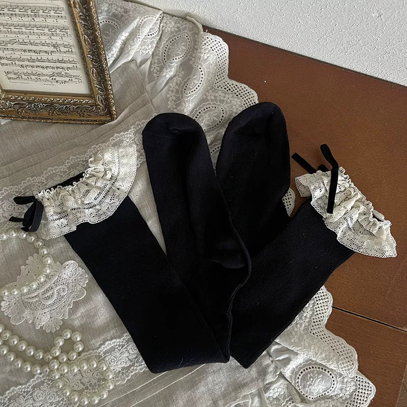 Sock Noble - Cream Lace Cake - Over-the-knee and mid-calf socks with layered lace bows