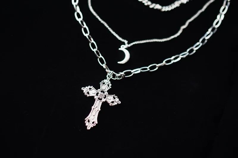 Strange Sugar - Gothic Lolita Necklace Triple Layer - Metal Cross Sweater Chain Neckwear