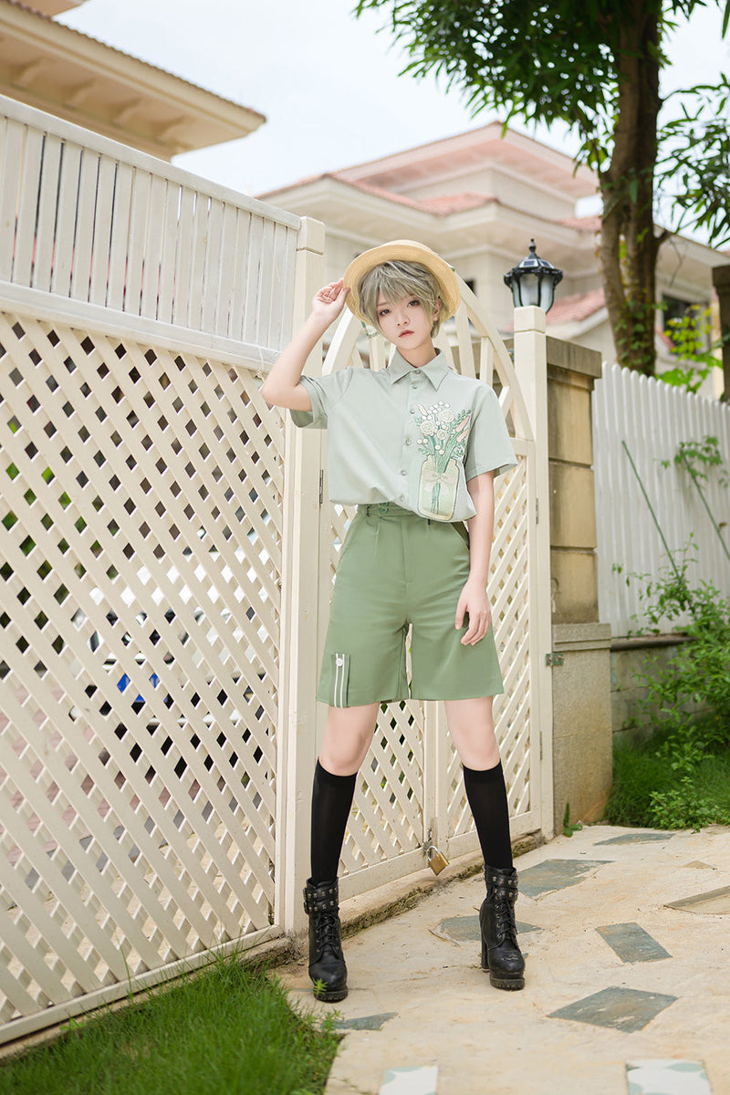 Princess Chronicles - Limited Flowering Time - Retro Green Flower Embroidery Shirt