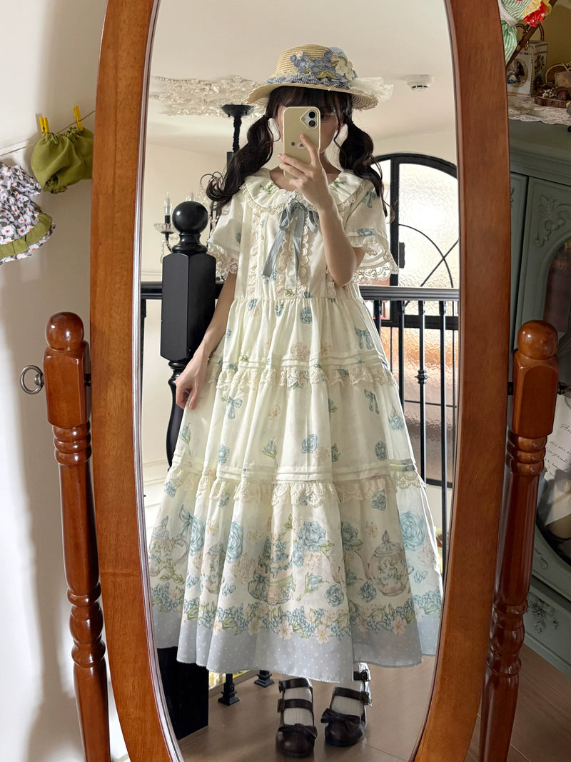 White Tea Story - Sweet Lolita Tea Party OP - Short-sleeve floral
