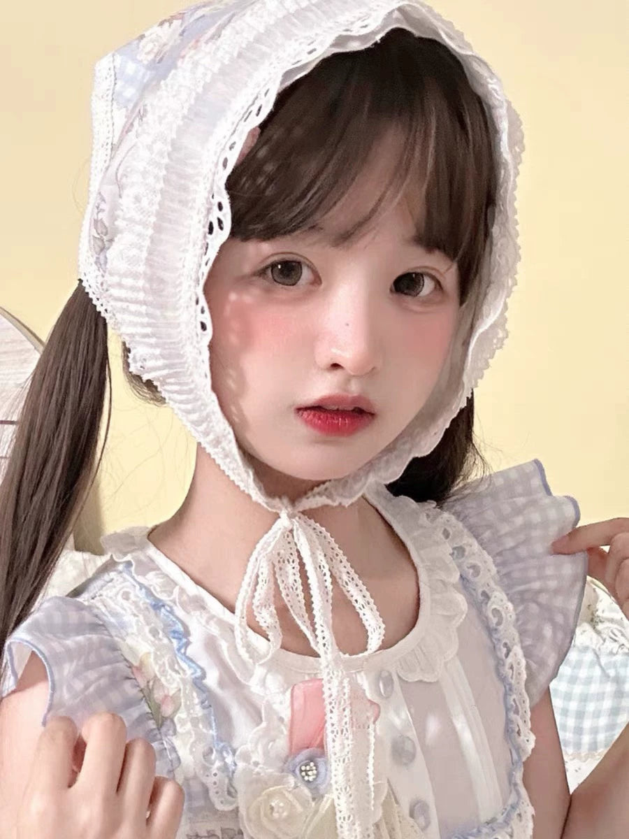 Green Sweet Lolita one-piece dress with scalloped flutter sleeves, gingham check skirt, and rabbit print details