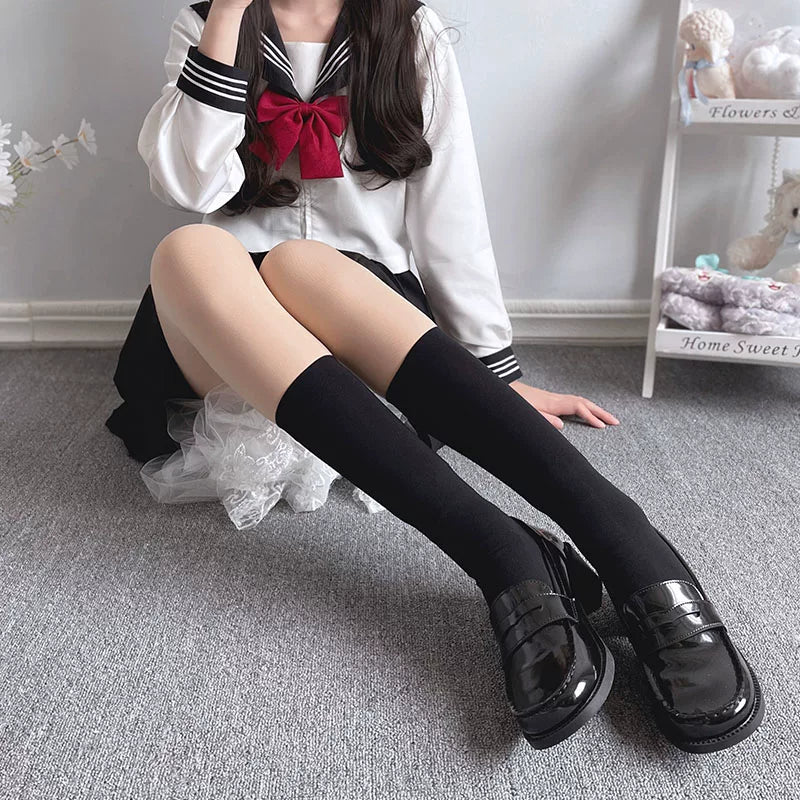 Floral Milk Cat - Black Multi-Length - Thin Heelless Socks in Four Lengths