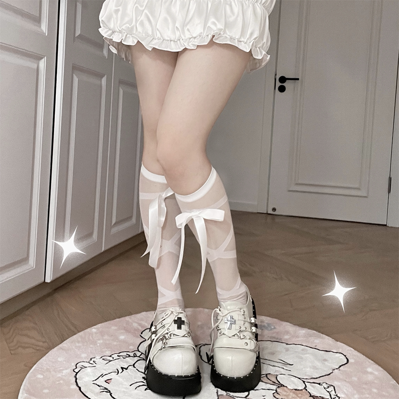roji roji - Ribbon Strap - Cotton Mid-Calf Socks with Crossed Ribbon Straps