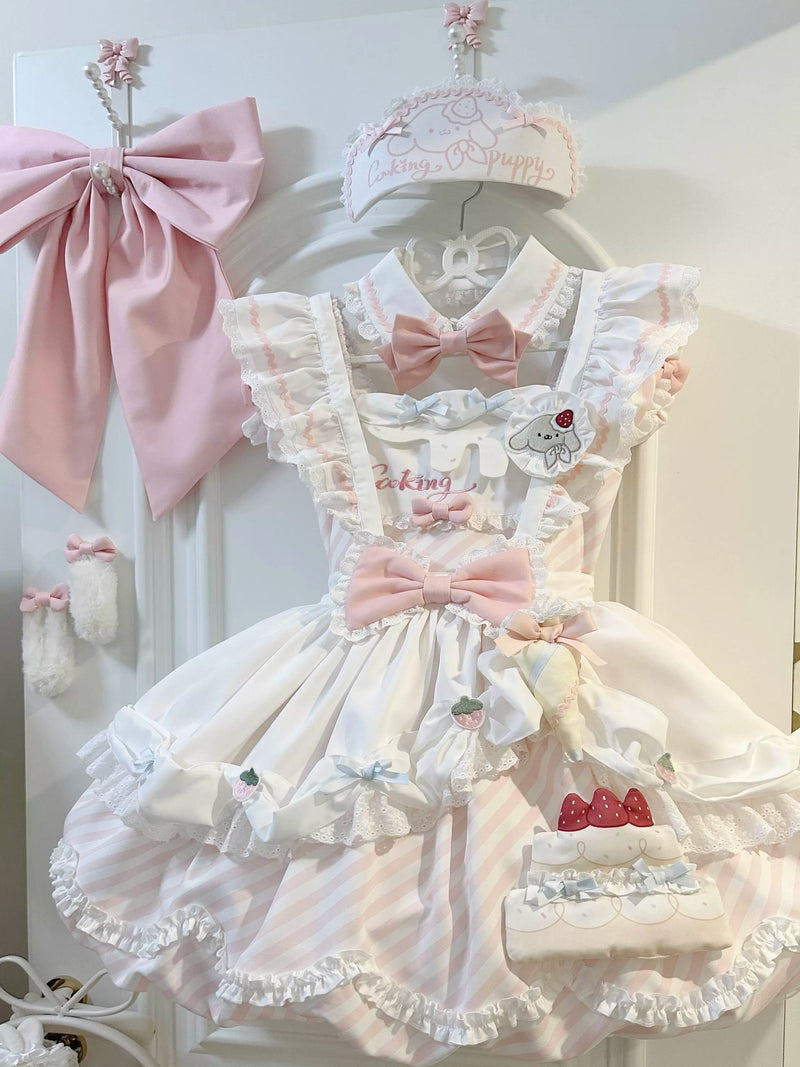 Blue Sweetheart Cake Lolita OP dress with pale pink bows, embroidered puppy patch, and striped underskirt layer