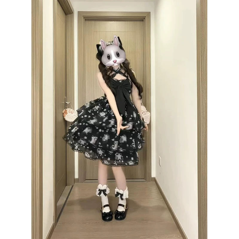 Creamy - Black Bow - Black Printed JSK with Front Bow