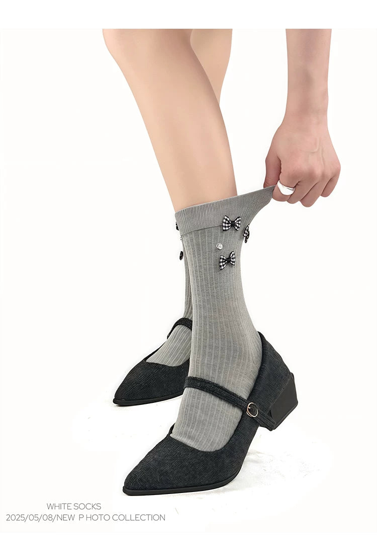White Socks - Bow Rib - Mid-Calf Socks with Checked Bows