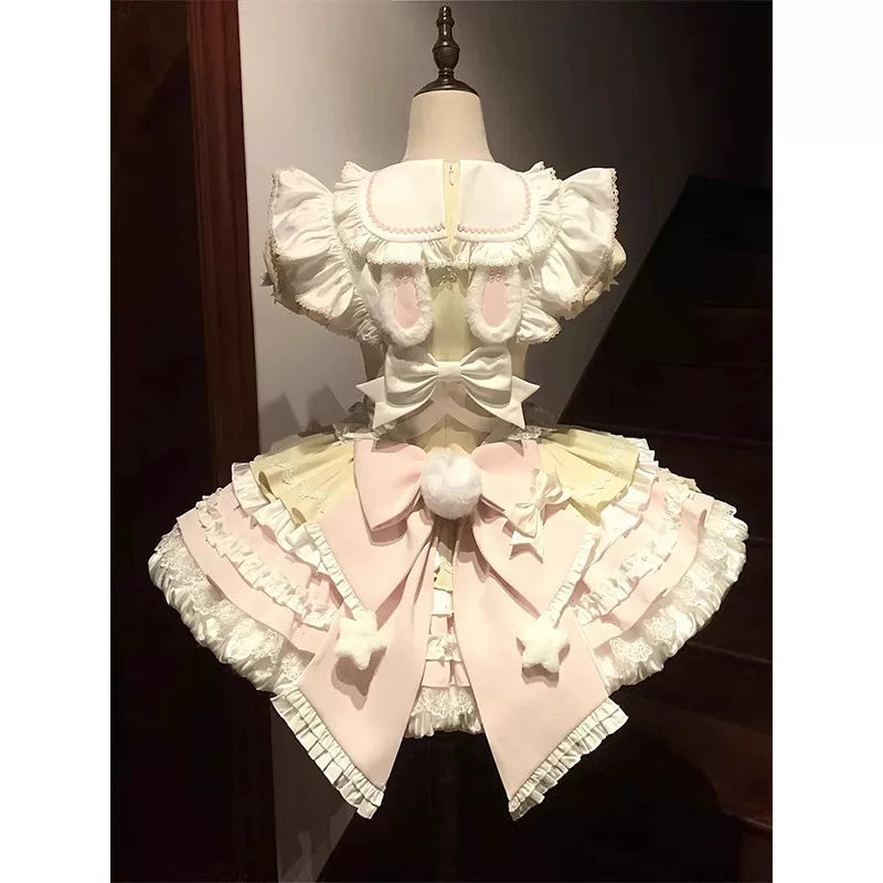 Creamy - Sweet Dessert - Yellow-and-pink OP Dress with Apron and Bow
