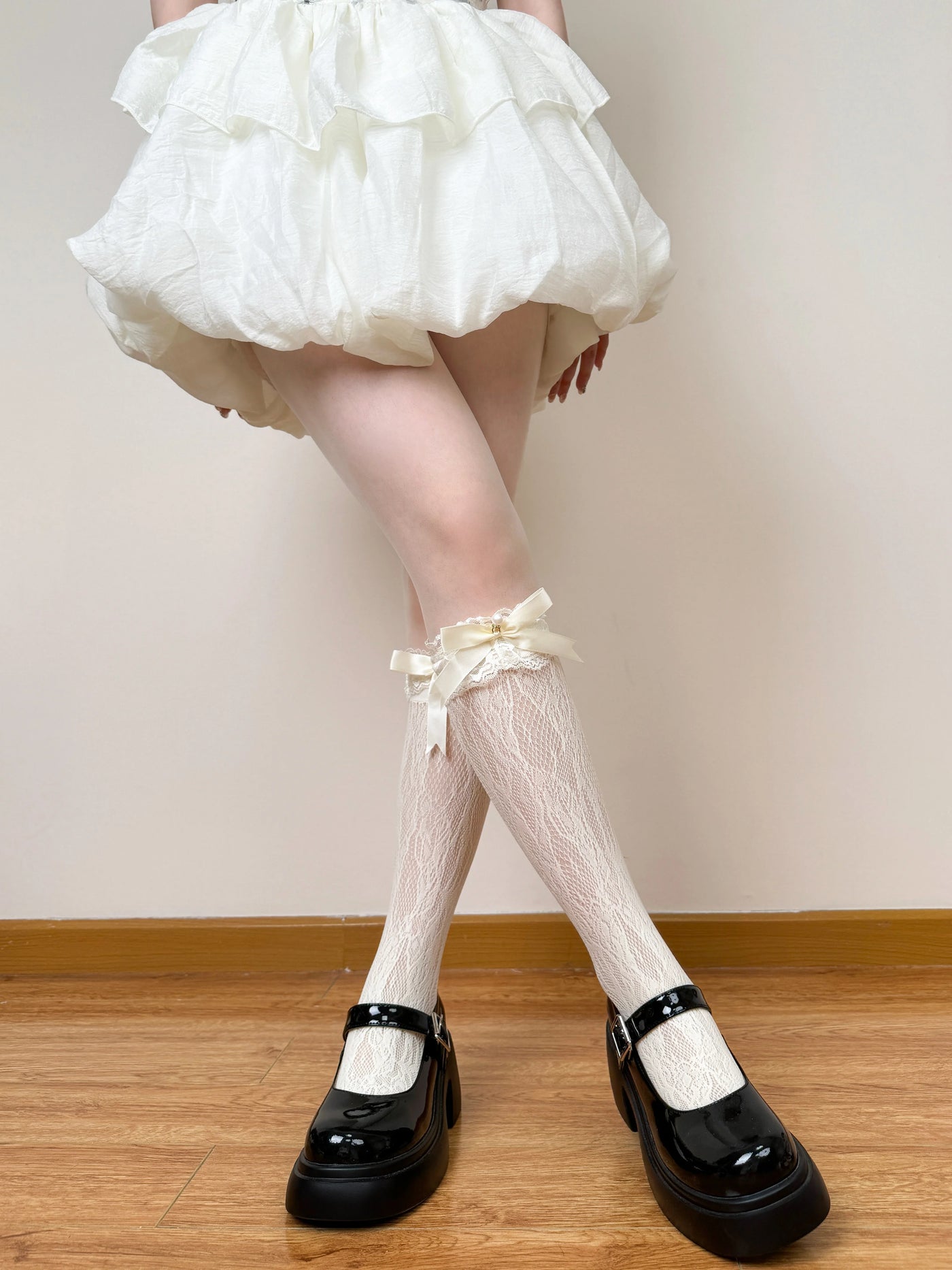 Chubby Bear Tales - Jennifer - Mid-Calf Socks with Openwork Lace and Ribbon Bows