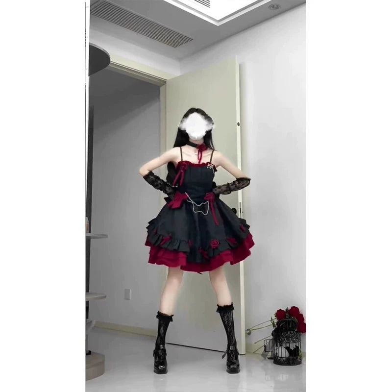 Creamy - Crimson Ruffle - Black-and-red JSK with layered ruffles and a back bow