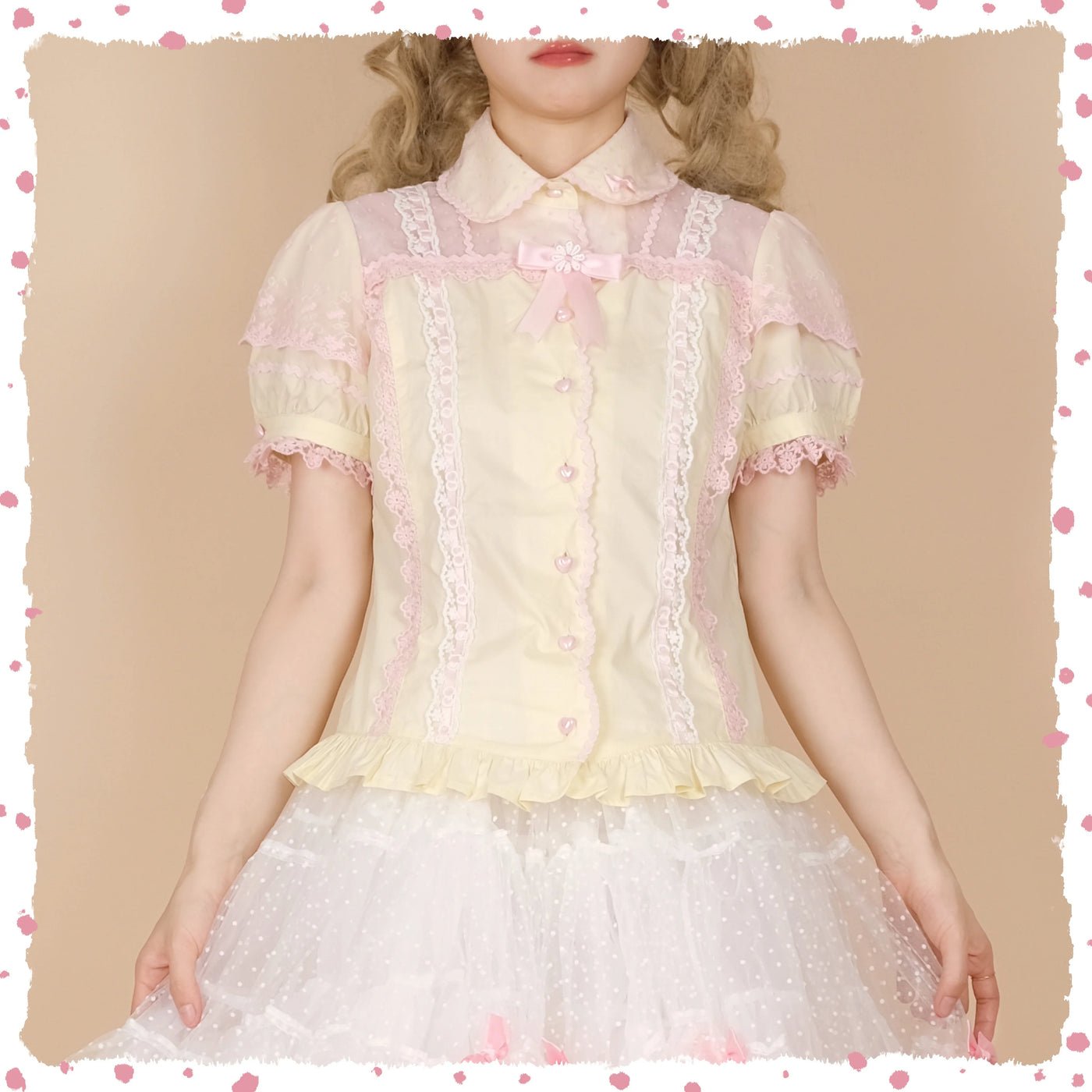 Galette Bunny - Cherry Blossom Girl - Short-Sleeved Cotton Blouse with Lace Trim