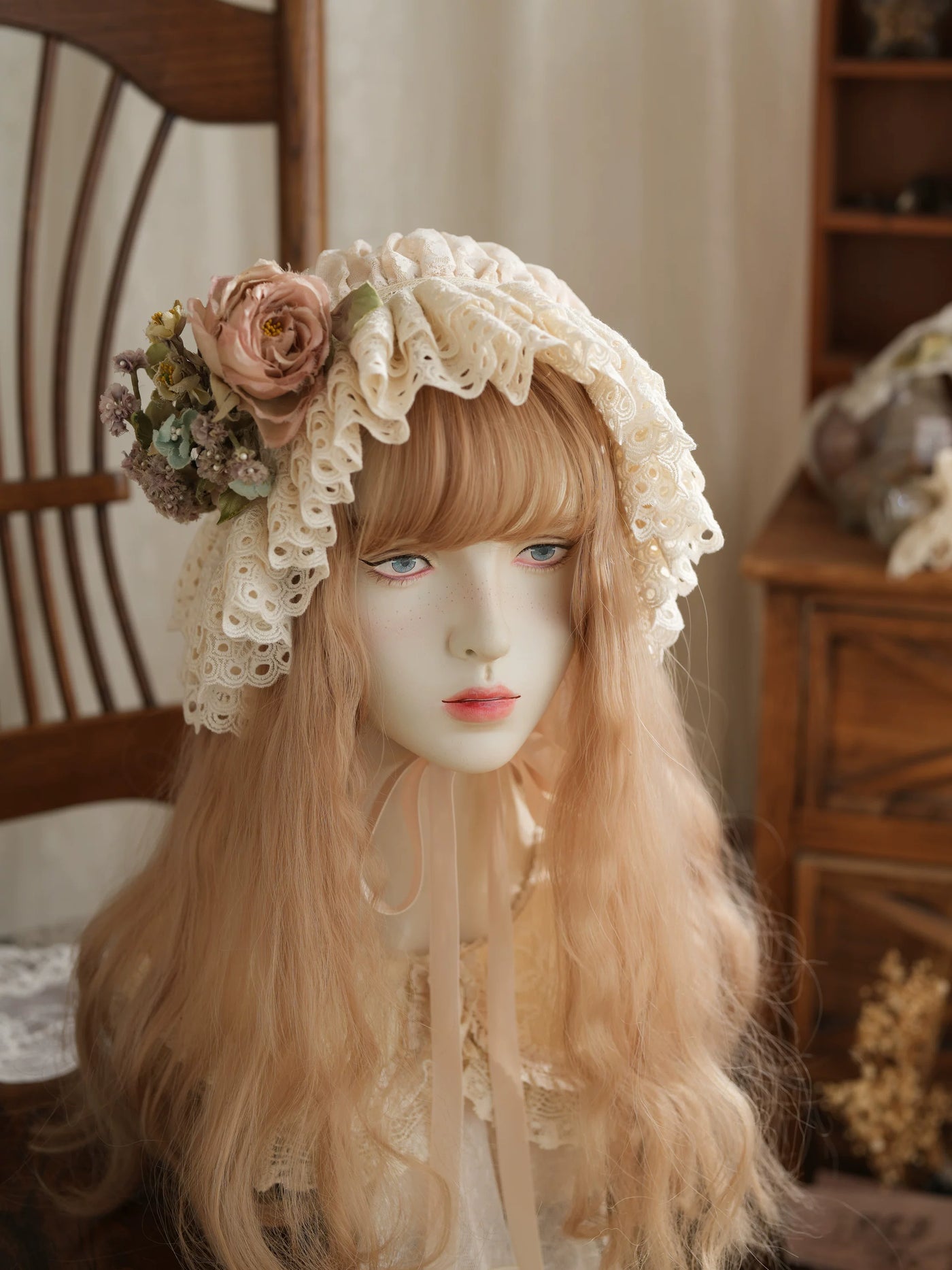 Star Box - Air Flora - Layered-Lace Bonnet with Long Ribbon Ties