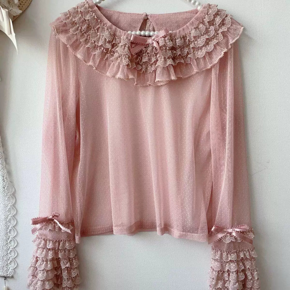 8021 small-dot long-sleeve blouse with a large layered ruffle collar and lace cuffs