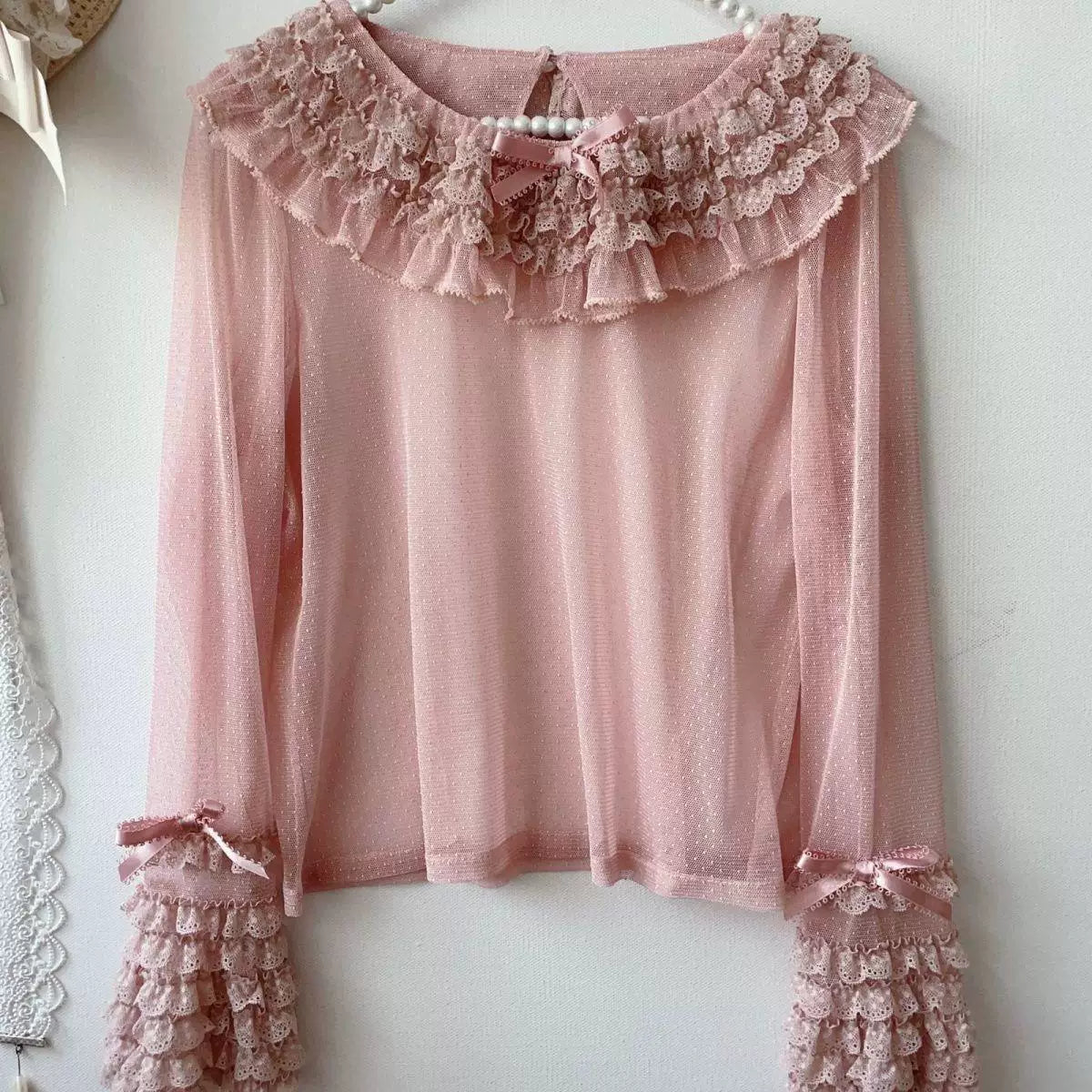 8021 small-dot long-sleeve blouse with a large layered ruffle collar and lace cuffs