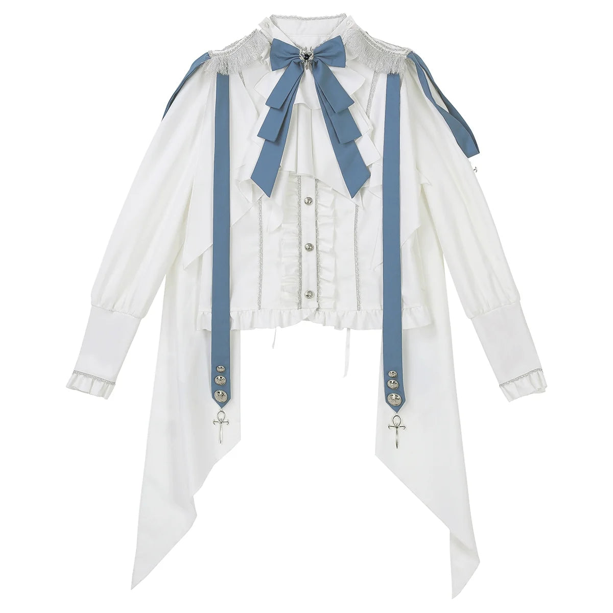 White-and-blue military Lolita shirt and embroidered skirt components.