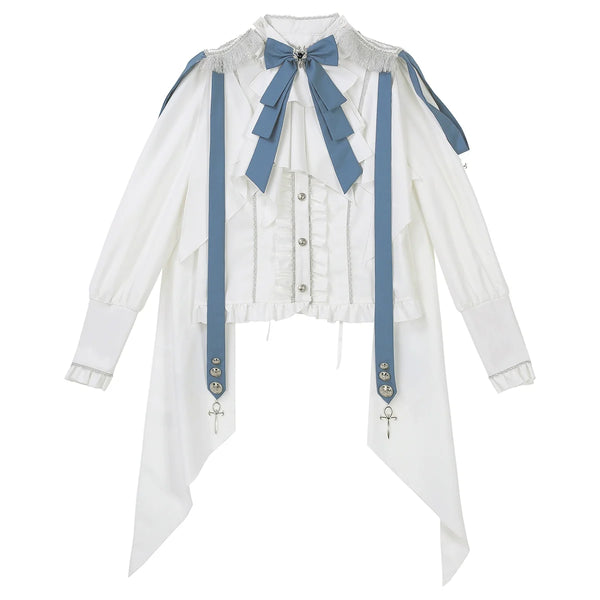 White-and-blue military Lolita shirt and embroidered skirt components.