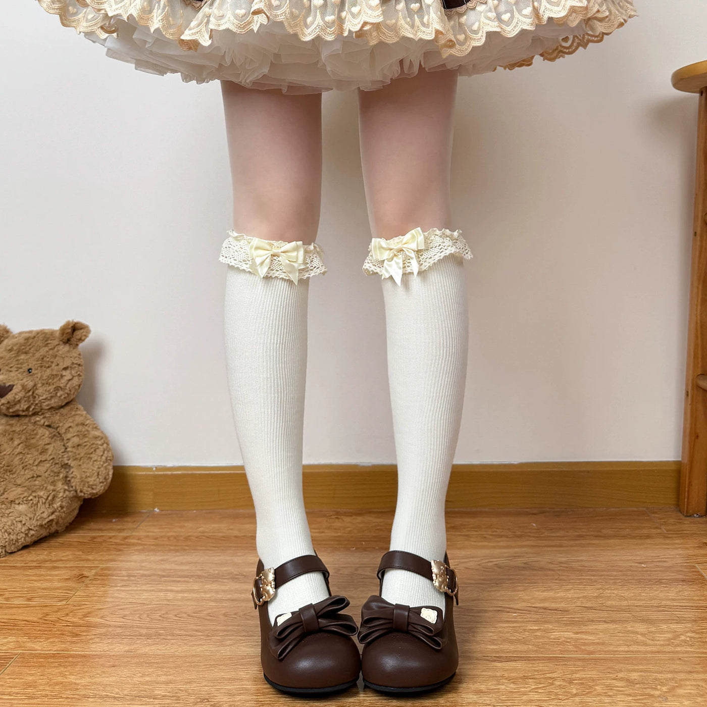 Chubby Bear Tales - Caramel Cocoa - Calf and Mid-Calf Socks with Lace Cuffs