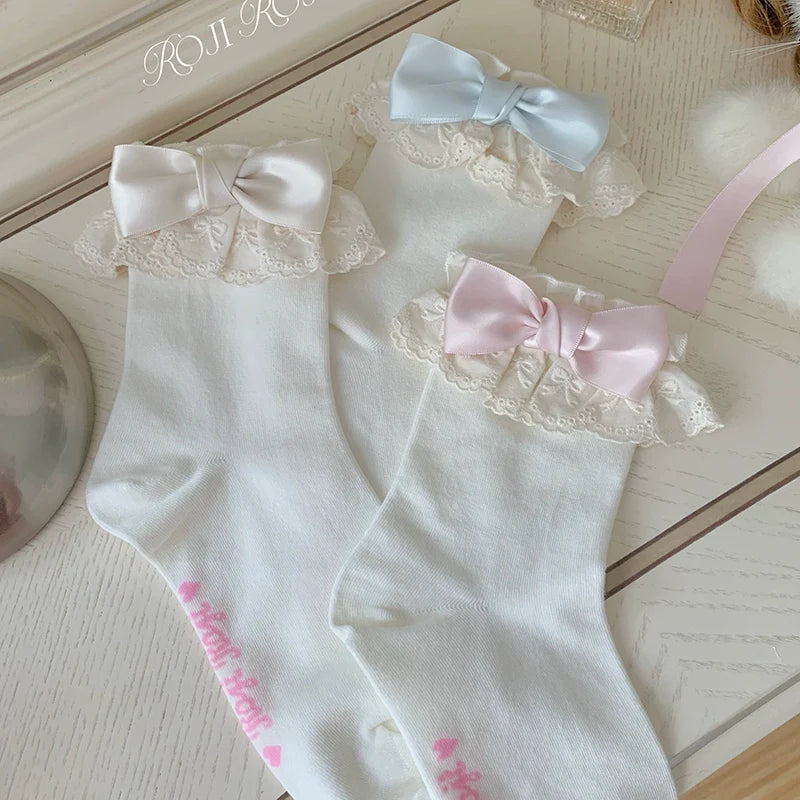 Cotton Lolita Socks Lace Bow White Socks 38812:601312