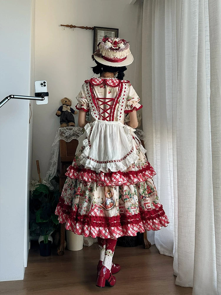 Dream Bunny - December Strawberry Field - Strawberry-Print One-Piece Dress with Red Gingham Ruffles