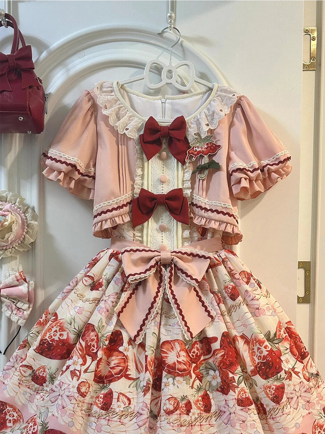 Creamy - Strawberry Afternoon - Faux Two-Piece OP Dress with Strawberry Print