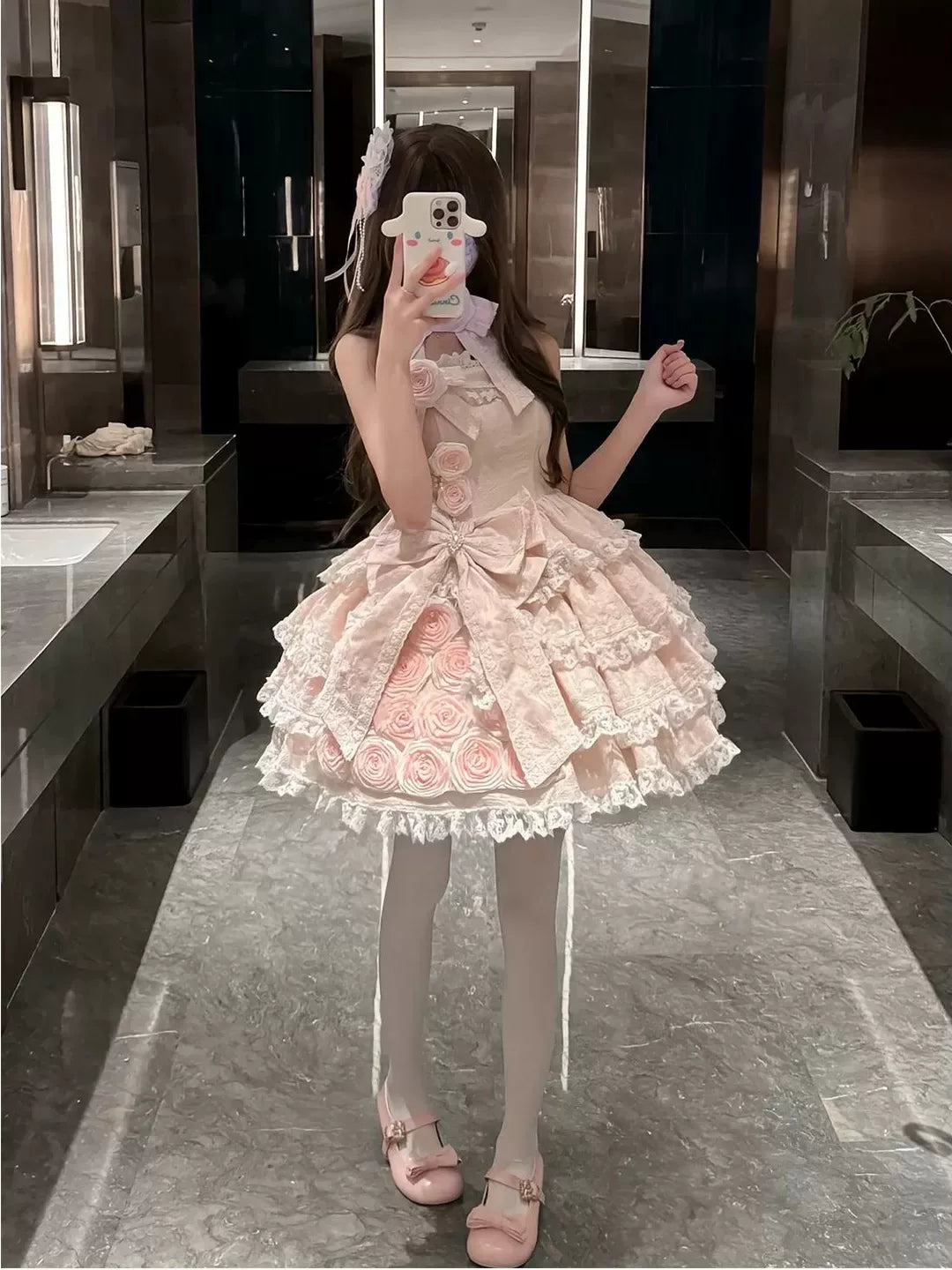 Creamy - Rose Garden - Pink Lolita dress with layered rose appliqués
