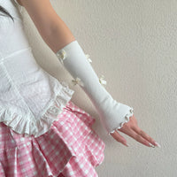 WAGUIR - Fresh Bow - Cotton Fingerless Arm Warmers with Ribbed Texture and Bow Accents - Bianco / Taglia unica
