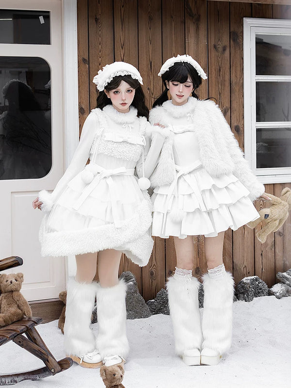 With PUJI - White Choco - Winter Kawaii Lolita JSK Dress Set, Fluffy Accents product view