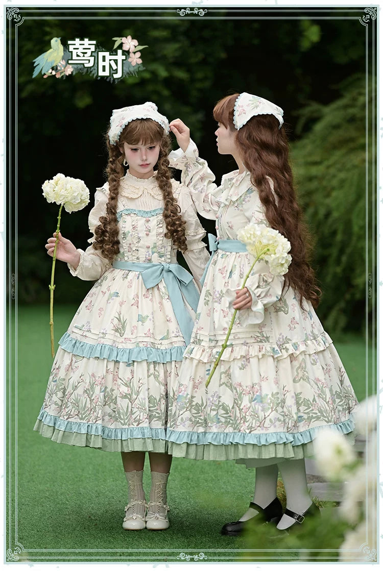 With PUJI - Oriole Time - Country Lolita JSK and OP Dress, Floral and Bird Print detail view 6