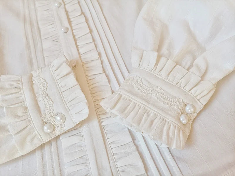 Youlan Lane - Winter Cotton - White Long-Sleeve Blouse with Lace Trim and Removable Bows - product detail 7