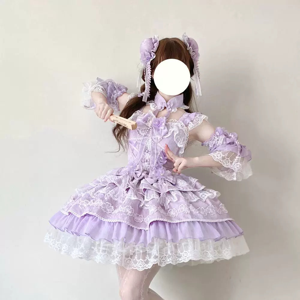 Lady Han Peach Rain Chinese Sweet JSK dress by Lolita Fetch featuring a peach-colored fabric with floral and rain-inspired patterns.