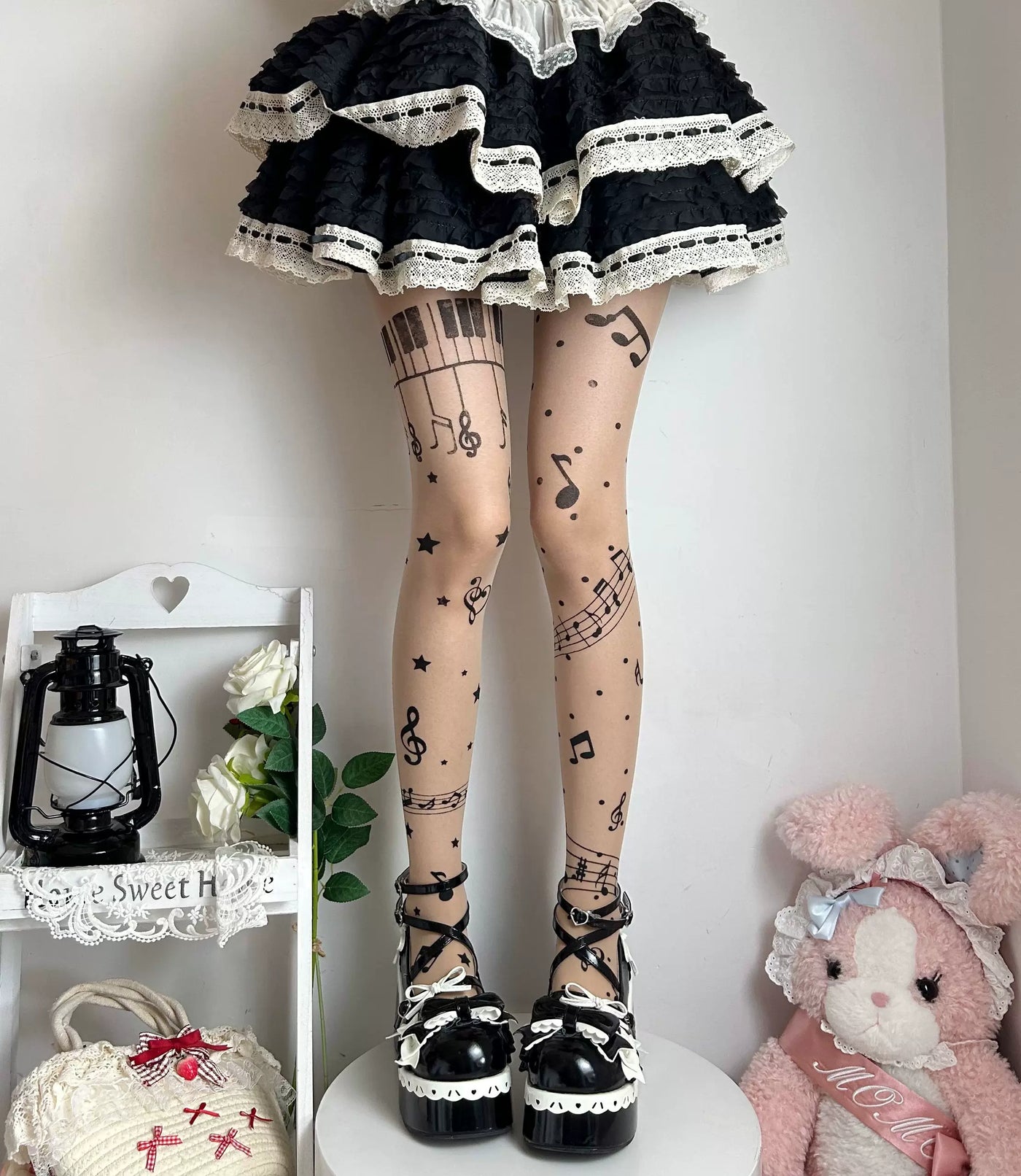 Fantasy Doll - Piano Notes - Musical Note Tights with Piano-Key Print