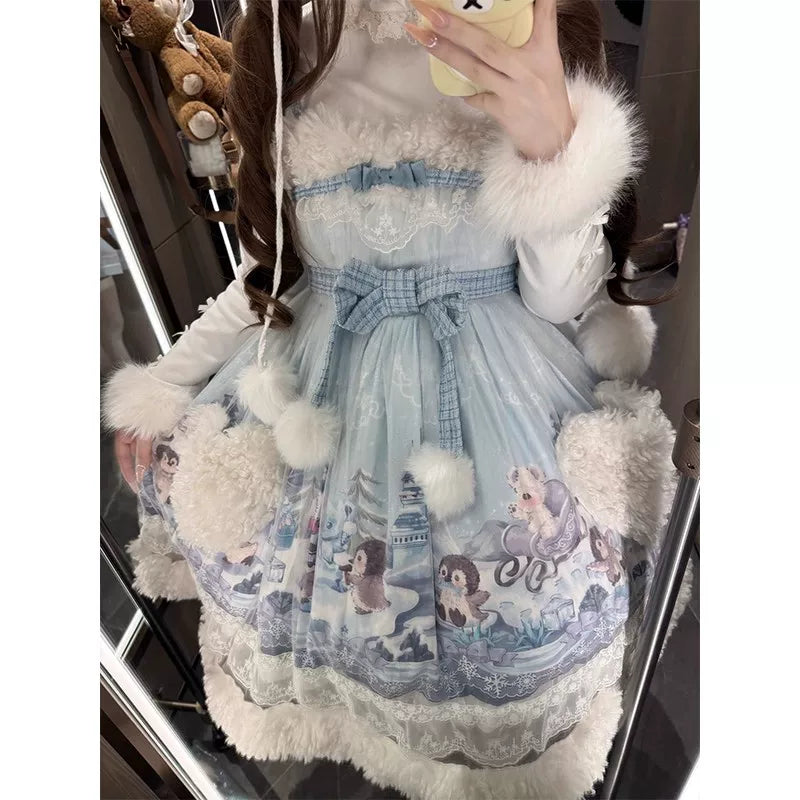 Creamy - Winter Princess - Fluffy Trim JSK Dress Set with Headband and Arm Sleeves