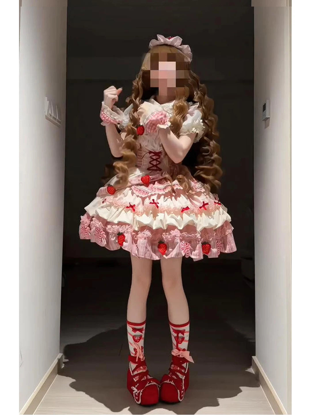 Creamy - Pink Strawberry - White Blouse and Pink JSK Dress Set with Strawberry Motifs