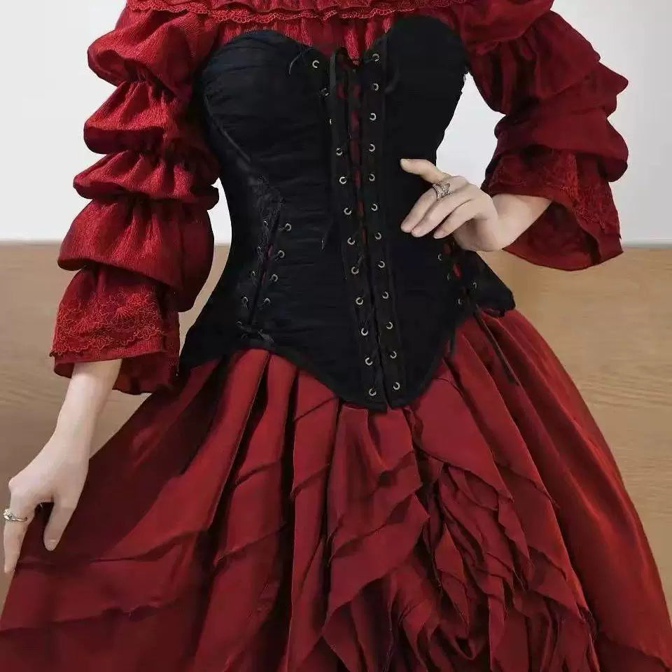Beige-apricot off-shoulder pleated chiffon blouse with layered ruffle sleeves, shown beside red-and-black styling.