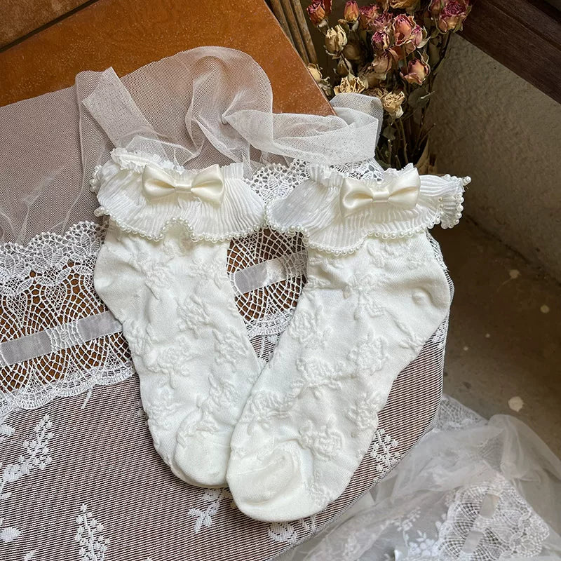 Sock Noble - Pearl Bow - Short Socks with Lace Ruffle Cuffs