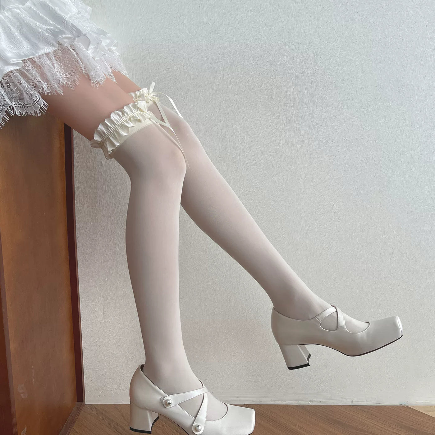 Sock Noble - Gray Ruffle - Over-the-Knee or Mid-Calf Socks with Ruffled Bow Cuffs