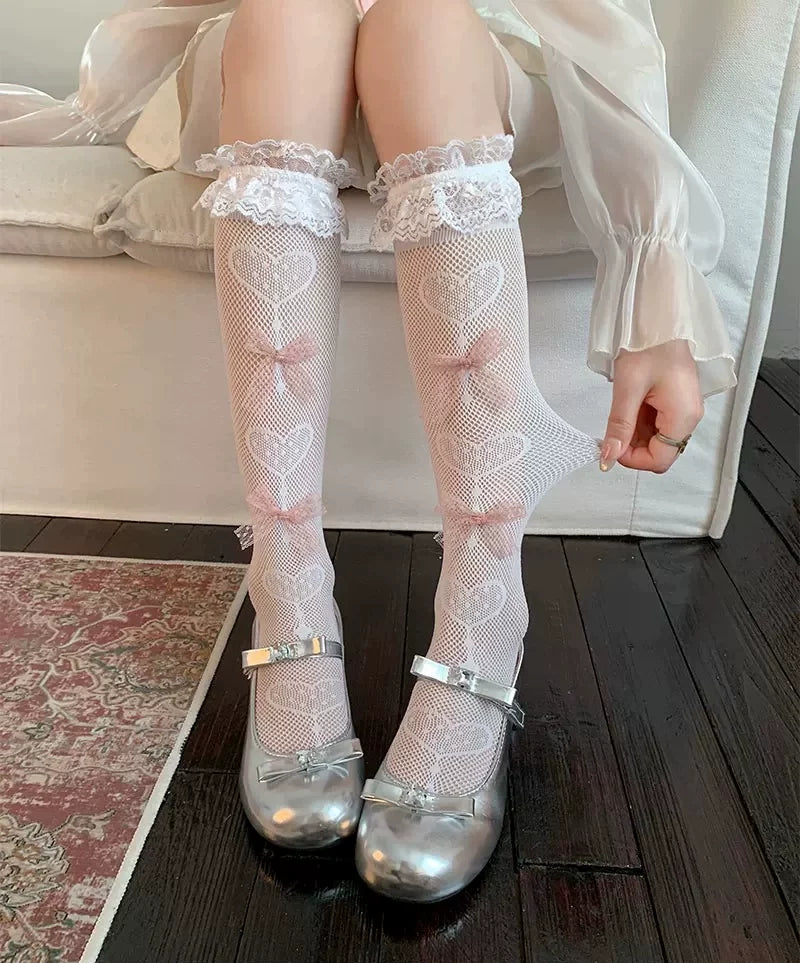 Fantasy Doll - Heart Lace Mesh - White Mid-Calf Socks with Heart Motifs