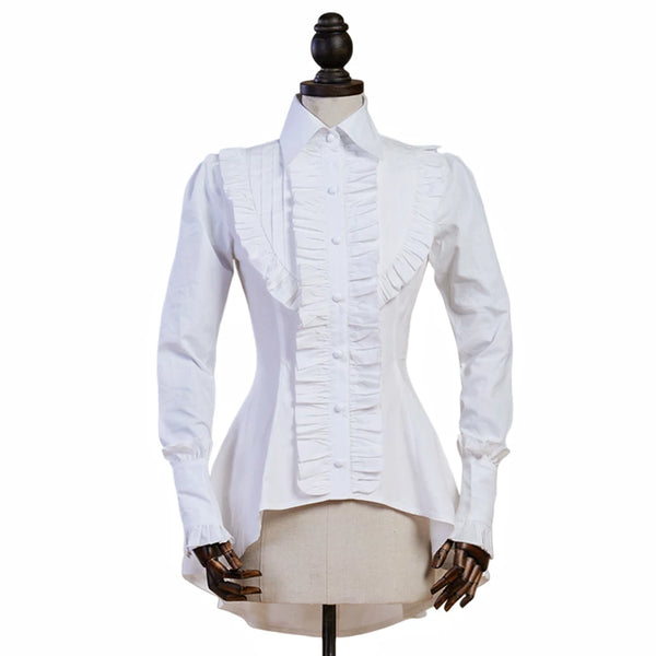 Black Gothic Lolita long-sleeve blouse with high ruffled stand collar, shoulder epaulettes, and peplum overlay