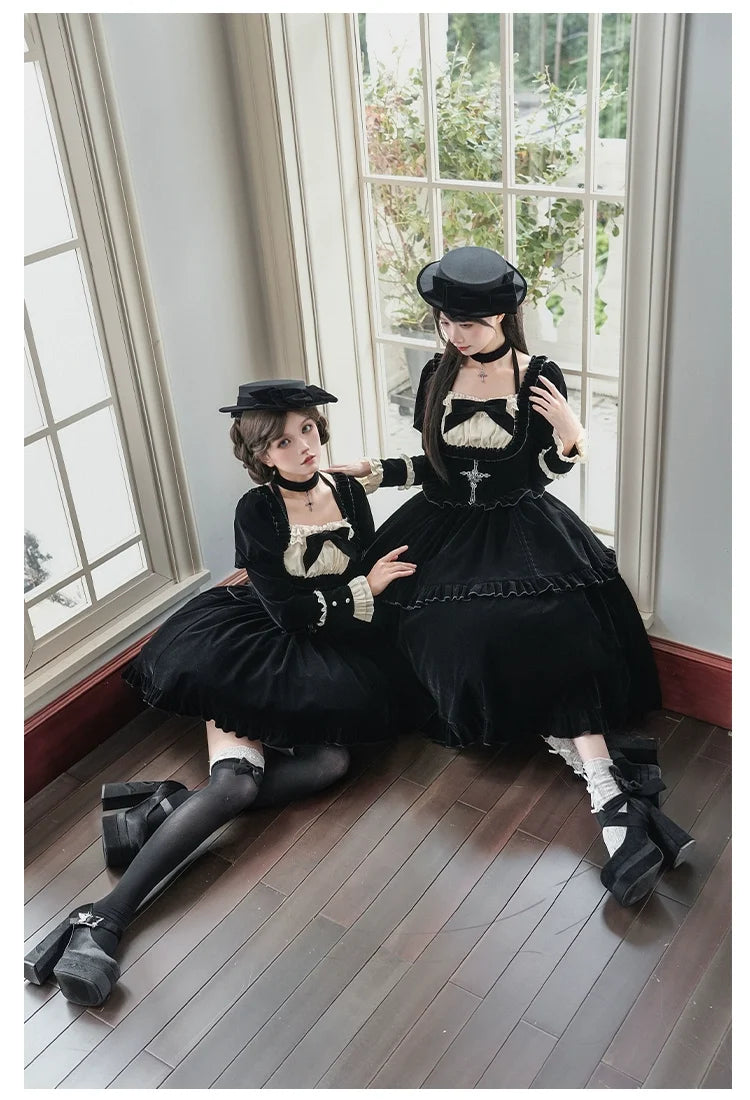 With PUJI - Apocalypse - Gothic Lolita Velvet OP Dress Set, Fishbone Waist