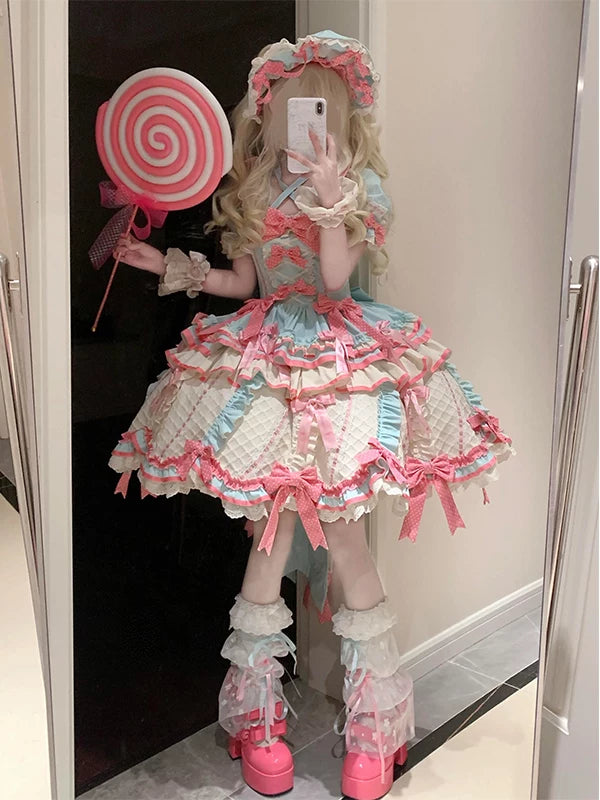 Creamy mint pink and white Sweet Lolita one-piece dress with train and bows