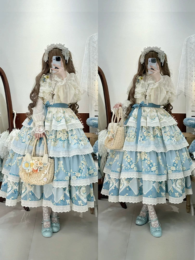 With PUJI - Letter and Poetry - Classic Lolita JSK Suit Four-tiered Twins Dress detail view 3