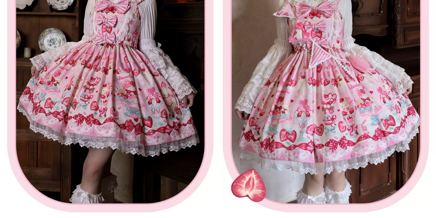 Cat Upon Cat - Strawberry Parfait - Strawberry-Print Lolita Dress with Lace-Trimmed Bows