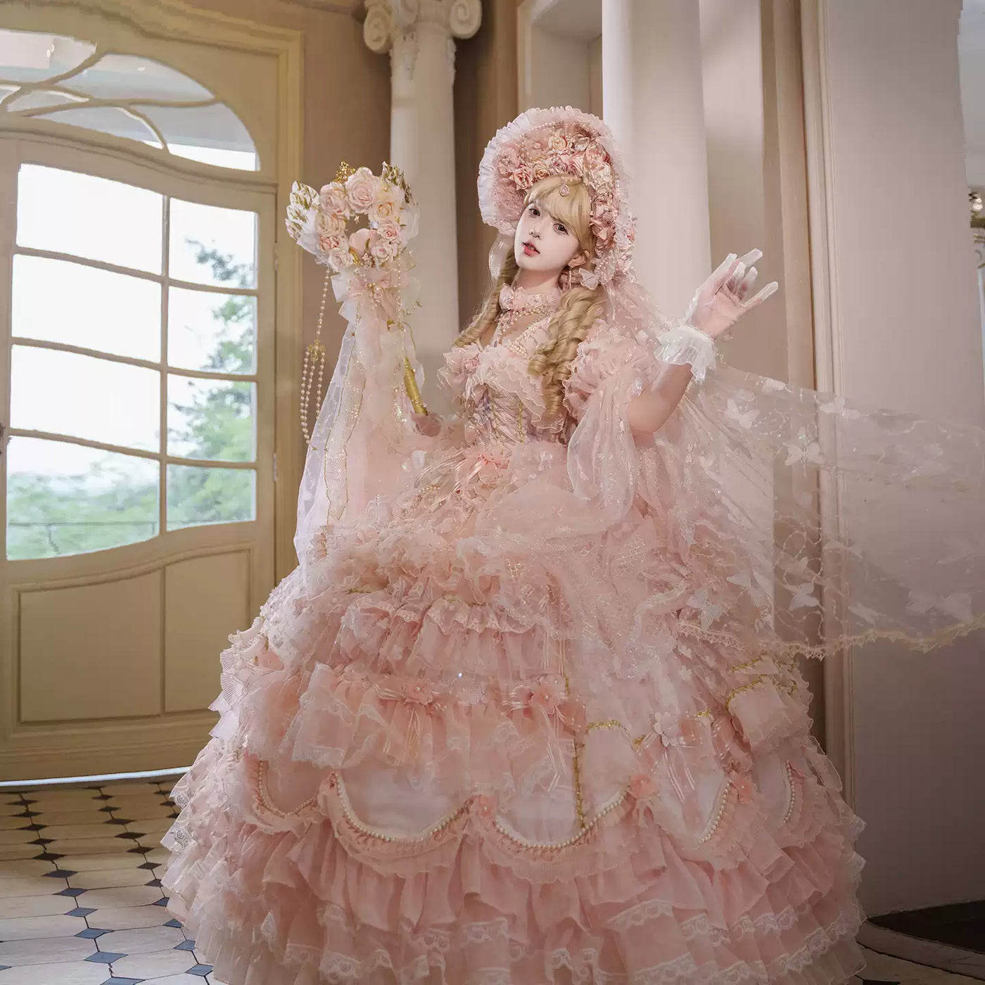 Cat Fairy - Princess on the Run - Blush-Pink JSK with Tiered Ruffles and Floral Lace