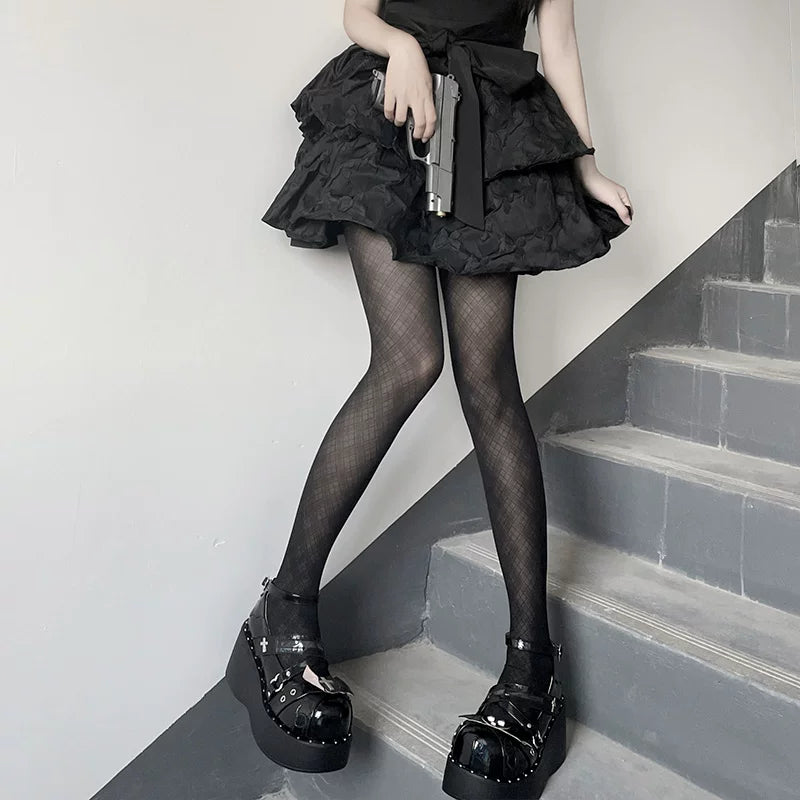 Floral Milk Cat - Diamond Grid - Black Tights with a Diamond Grid Pattern